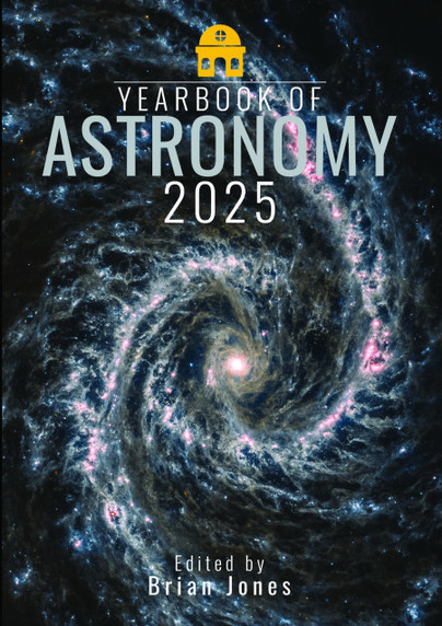 The front cover of the Yearbook of Astronomy 2025 shows a spiral galaxy with colourful sweeping arms.